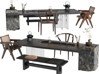 侘寂风茶桌椅组合3d模型 侘寂风茶桌椅组合