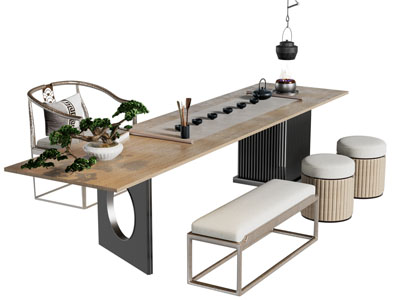 新中式实木长方形餐桌椅组合3d模型 新中式实木长方形餐桌椅组合