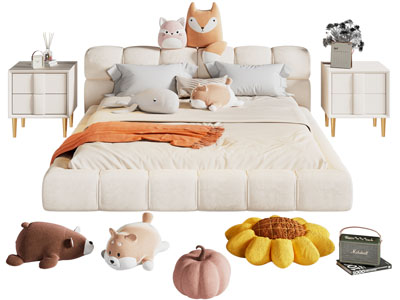 现代布艺儿童双人床 床头柜