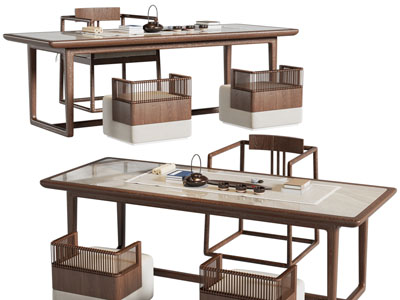 新中式长方形实木茶桌椅组合3d模型 新中式长方形实木茶桌椅组合