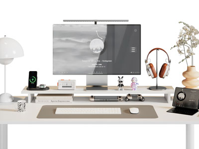 现代办公桌电脑 日历 耳机 台灯综合3d模型 现代办公桌电脑 日历 耳机 台灯综合