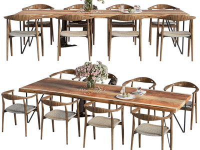 现代实木长方形餐桌椅组合3d模型 现代实木长方形餐桌椅组合