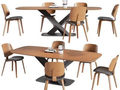 现代实木长方形餐桌椅组合3d模型 现代实木长方形餐桌椅组合