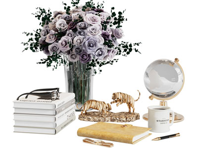 现代花瓶花卉 书本 地球仪 饰品摆件组合