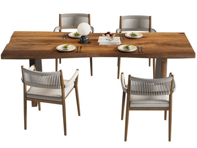 现代长方形实木餐桌椅组合3d模型 现代长方形实木餐桌椅组合