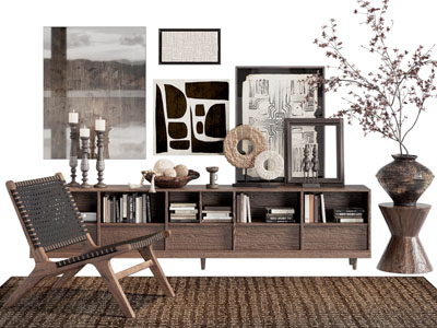 侘寂风矮柜 书柜 休闲椅子 挂画