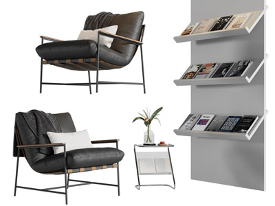 现代休闲椅子 边几 墙面收纳书架