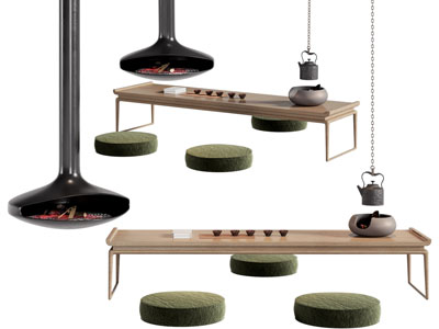 新中式长方形茶几 蒲团坐垫 壁炉3d模型 新中式长方形茶几 蒲团坐垫 壁炉