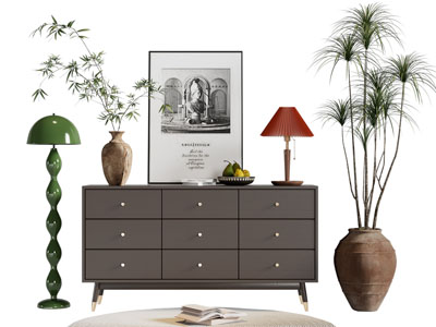 现代中古风玄关柜 斗柜 落地灯