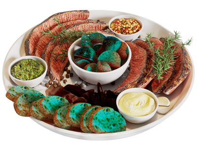 现代牛排 面包 水果食物