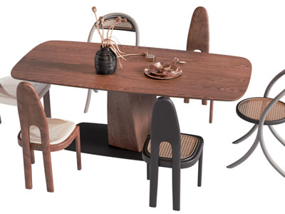 中古风长方形实木餐桌椅组合3d模型 中古风长方形实木餐桌椅组合