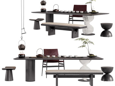 新中式长方形茶桌椅组合3d模型 新中式长方形茶桌椅组合