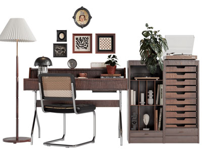 现代中古风书桌椅组合 边柜 落地灯3d模型 现代中古风书桌椅组合 边柜 落地灯