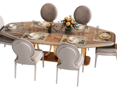 现代中古风椭圆形餐桌椅组合3d模型 现代中古风椭圆形餐桌椅组合