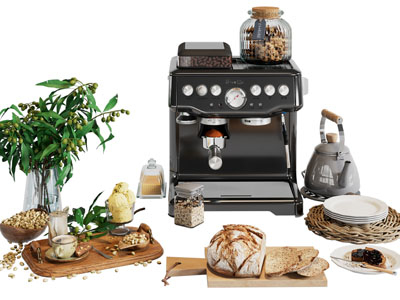 现代咖啡机 面包 饮料 坚果食物