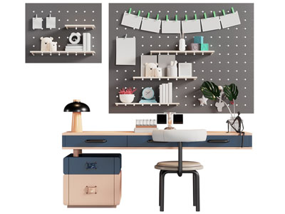 现代书桌椅组合 墙面洞洞眼收纳架3d模型 现代书桌椅组合 墙面洞洞眼收纳架