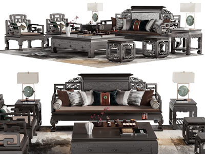 中式古典红木雕花多人 单人沙发和茶几组合