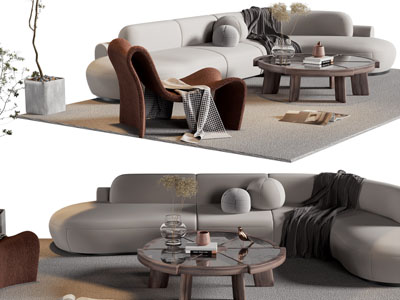 侘寂风弧形多人沙发 躺椅和茶几组合