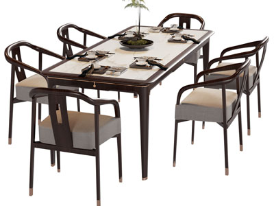 新中式长方形餐桌椅组合3d模型 新中式长方形餐桌椅组合