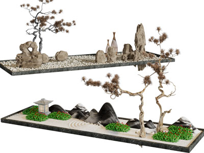 新中式花坛石头、松树景观园艺小品