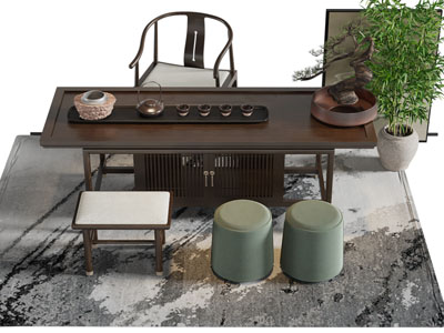 新中式长方形茶桌椅组合3d模型 新中式长方形茶桌椅组合