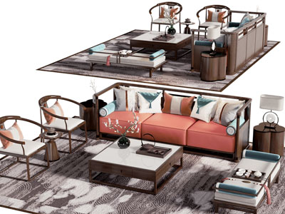 新中式多人沙发 休闲椅子 沙发凳和茶几组合