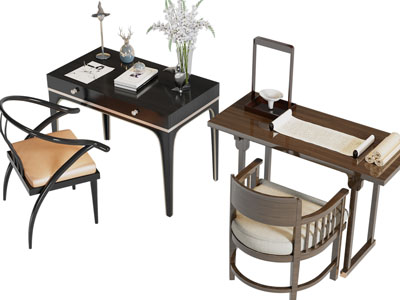 新中式书桌椅组合3d模型 新中式书桌椅组合