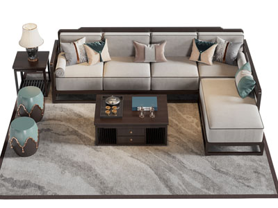 新中式转角多人沙发、鼓凳和茶几组合