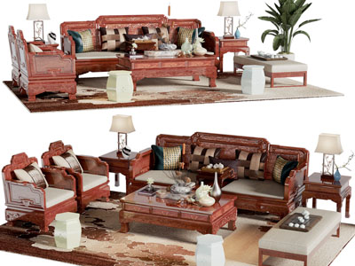 中式雕花实木双人沙发、茶几组合