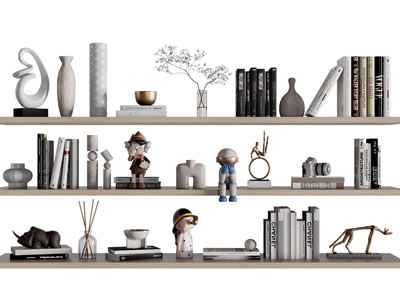 现代墙面隔板书籍、装饰品摆件组合
