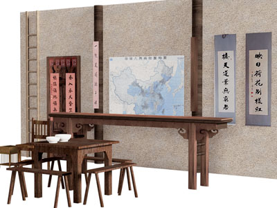 新中式案几、方形餐桌椅组合3d模型 新中式案几、方形餐桌椅组合