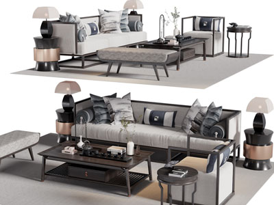 新中式多人、单人沙发、沙发凳和茶几组合