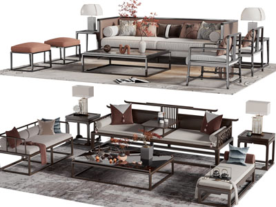 新中式双人沙发、休闲椅子和茶几组合