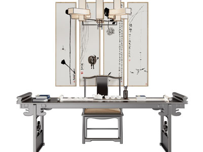 新中式书桌椅组合3d模型 新中式书桌椅组合