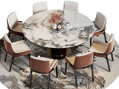 新中式圆形大理石餐桌椅组合3d模型 新中式圆形大理石餐桌椅组合