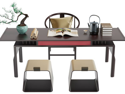 新中式书桌椅组合3d模型 新中式书桌椅组合