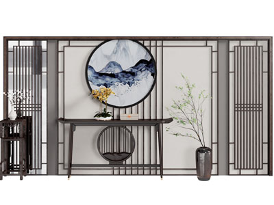 新中式端景台、背景墙3d模型 新中式端景台、背景墙
