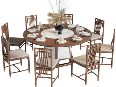 新中式圆形餐桌椅组合3d模型 新中式圆形餐桌椅组合