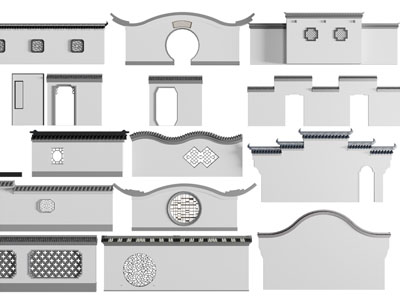 新中式带镂花窗的景墙3d模型 新中式带镂花窗的景墙