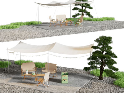 现代营地帐篷 休闲桌椅组合3d模型 现代营地帐篷 休闲桌椅组合