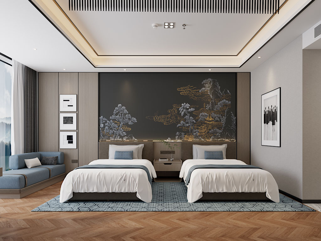 新中式酒店客房 双人间3d模型 新中式酒店客房 双人间