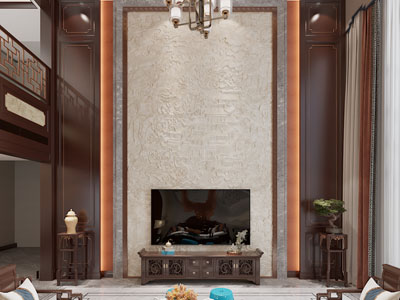 新中式别墅挑高客厅电视背景墙3d模型 新中式别墅挑高客厅电视背景墙