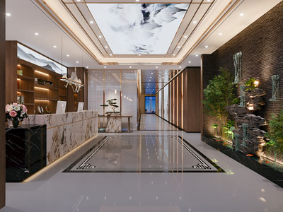 新中式酒店前台接待 过道