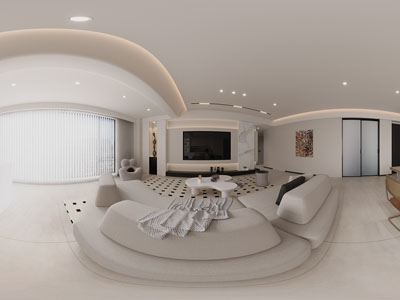 现代奶油风全景客厅餐厅