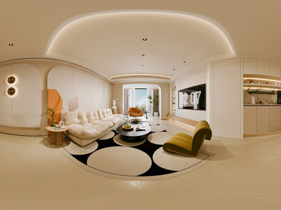 现代奶油风全景客厅餐厅