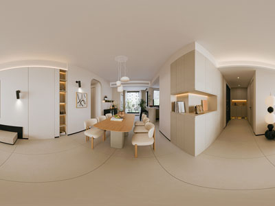 现代奶油风全景客厅餐厅