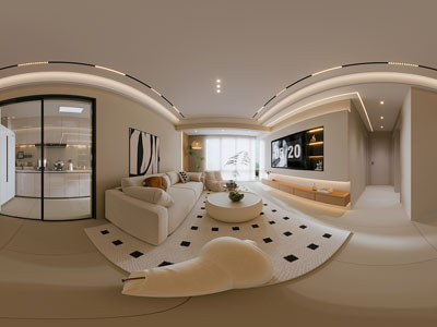 现代奶油风全景客厅餐厅