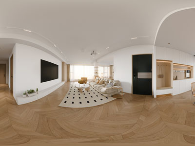 现代奶油风全景客厅餐厅