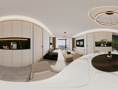 现代奶油风全景客厅餐厅