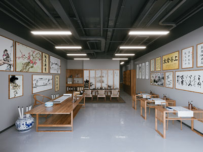 新中式书法国画培训教室3d模型 新中式书法国画培训教室